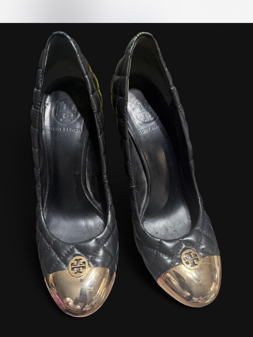Tory Burch Black Quilted Leather Pumps with Gold Cap Toe Logo